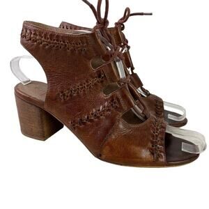 Fat Face Brown Leather Womens Lace Up Open Toe Block Heel Sandals Shoes sz 41  9